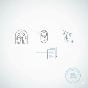 Iconițe minimaliste pentru servicii de stare civilă: căsătorie, naștere și deces.