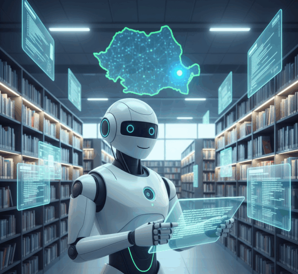 Robot AI intr-o biblioteca digitala cu harta Romaniei si locatia Craiova evidentiata ilustrand modificarile Google din octombrie 2025